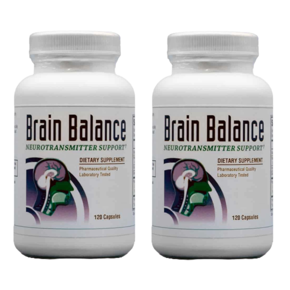 Two Brain Balance supplement bottles, 120 capsules