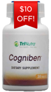 Cogniben dietary supplement bottle with $10 off badge