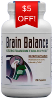 Brain Balance supplement bottle with $5 off badge.